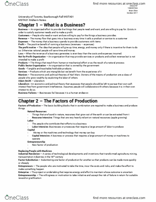 MGTA01H3 Chapter Notes - Chapter 1-2: Profit Motive thumbnail