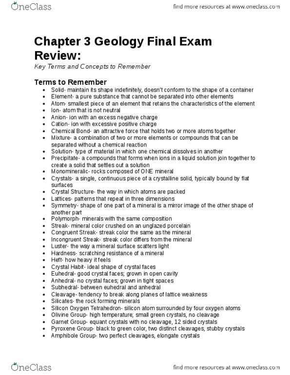 GEOL 1001 Study Guide - Fall 2013, Final - Plagioclase, Euhedral And ...