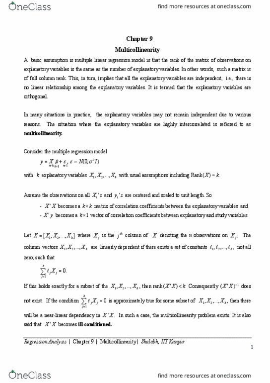 MTH-416, REGRESSION ANALYSIS Lecture Notes - Lecture 9: Indian Institute Of Technology Kanpur, Deming Regression, Multicollinearity thumbnail