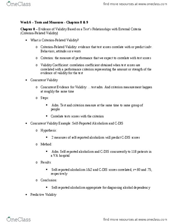 PSYC 3020 Lecture Notes - Lecture 6: Alcoholism, Discriminant, Nomological Network thumbnail