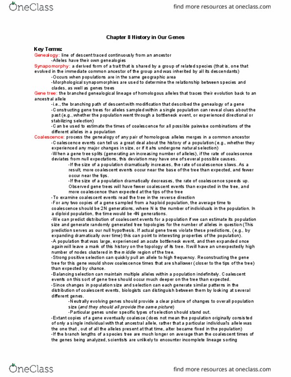 BIOB51H3 Chapter Notes - Chapter CH.8: Coalescent Theory, Allele Frequency, Null Hypothesis thumbnail