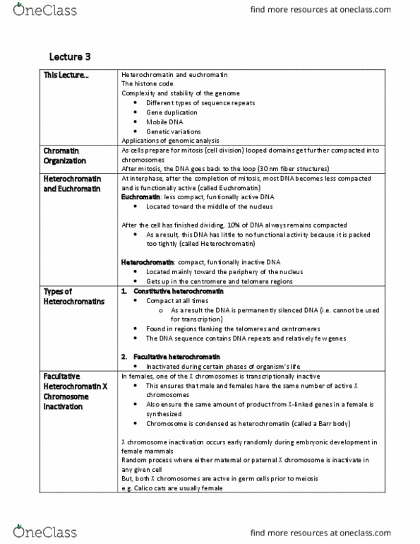 BIOB11H3 Lecture Notes - Lecture 3: X-Inactivation, Heterochromatin, Euchromatin thumbnail