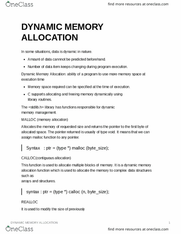 H Lecture Notes - Lecture 8: C Dynamic Memory Allocation thumbnail