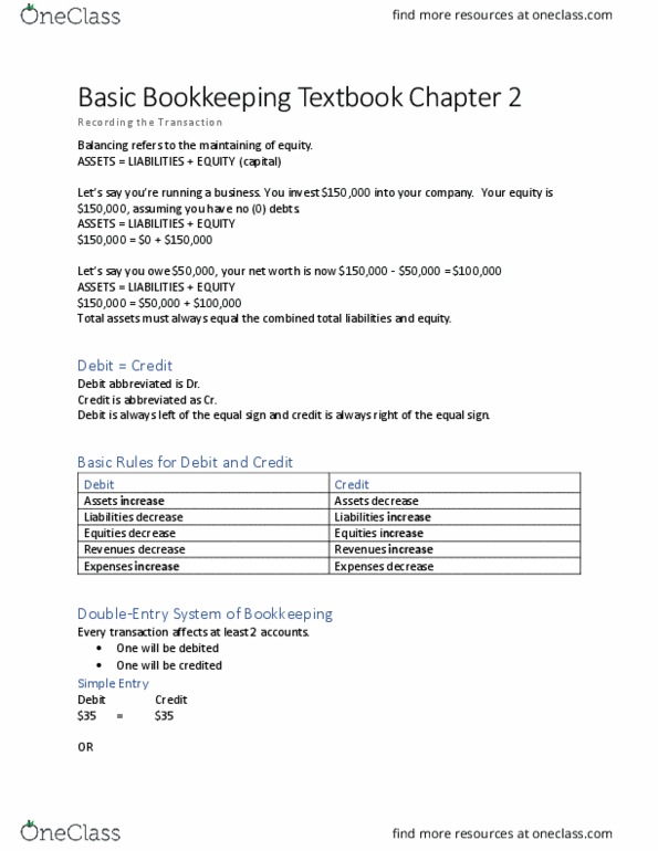 ACCT69 Chapter Notes - Chapter Chapter 2 : Bookkeeping thumbnail