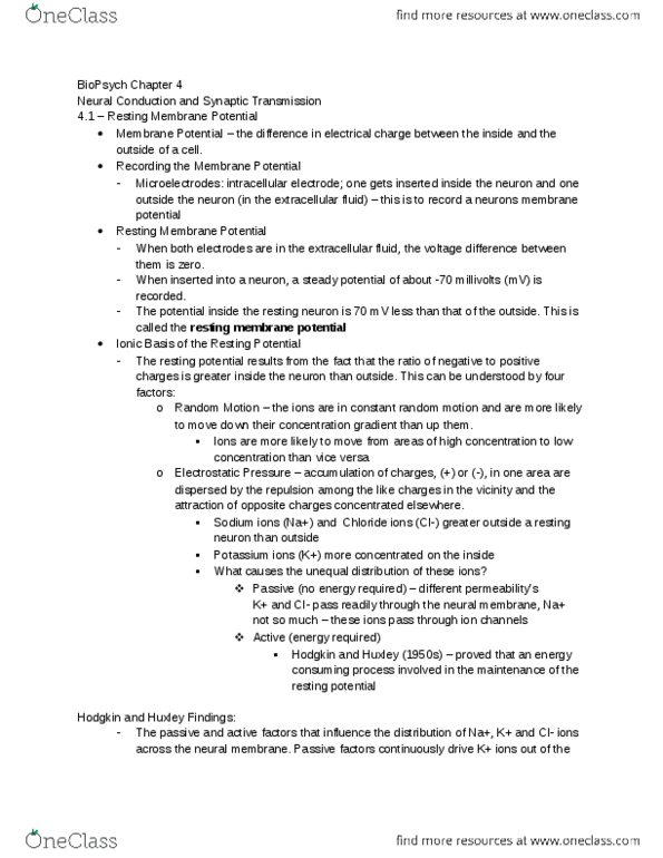 PS263 Chapter Notes - Chapter 5: Extracellular Fluid, Resting Potential thumbnail