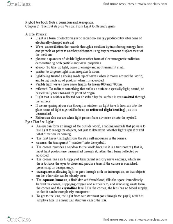 PSYB51H3 Chapter Notes - Chapter 2: Aqueous Humour, Refraction, Photon thumbnail