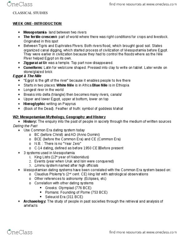 CLAA05H3 Lecture Notes - Ancient Mesopotamian Religion, Fertile Crescent, Common Era thumbnail