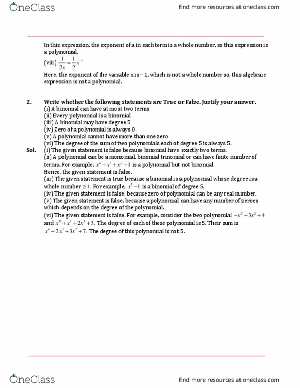 MATHS Chapter Notes -Algebraic Expression thumbnail