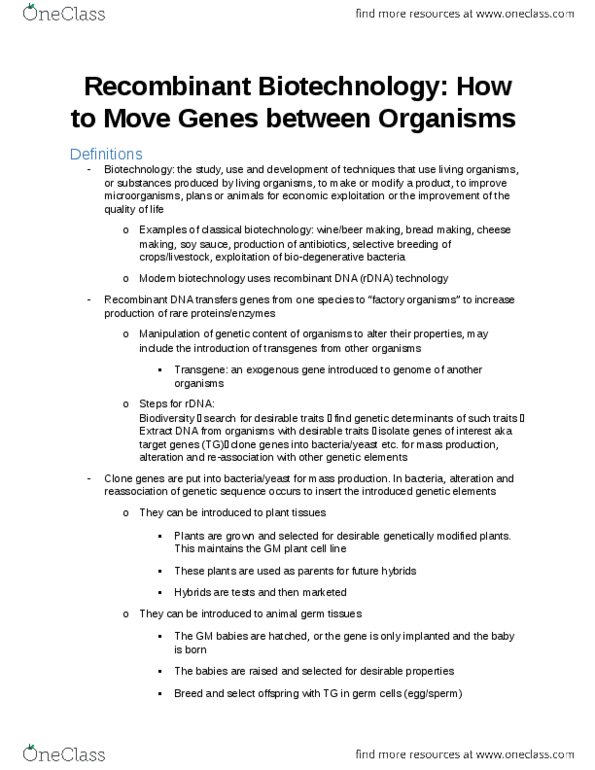 EESB16H3 Lecture Notes - Genetically Modified Organism, Nucleic Acid Hybridization, Transgene thumbnail