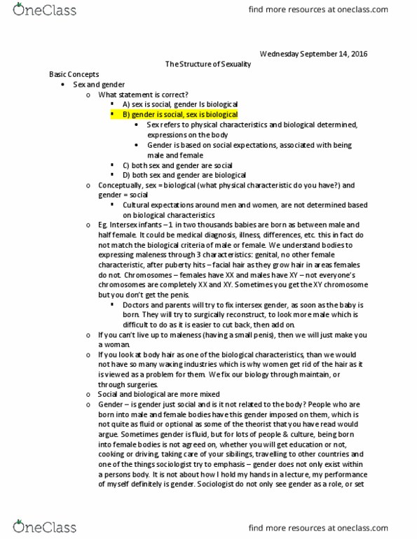 SOCIOL 3U03 Lecture Notes - Lecture 2: Chromosome, Alcoholic Drink, Sexual Identity thumbnail