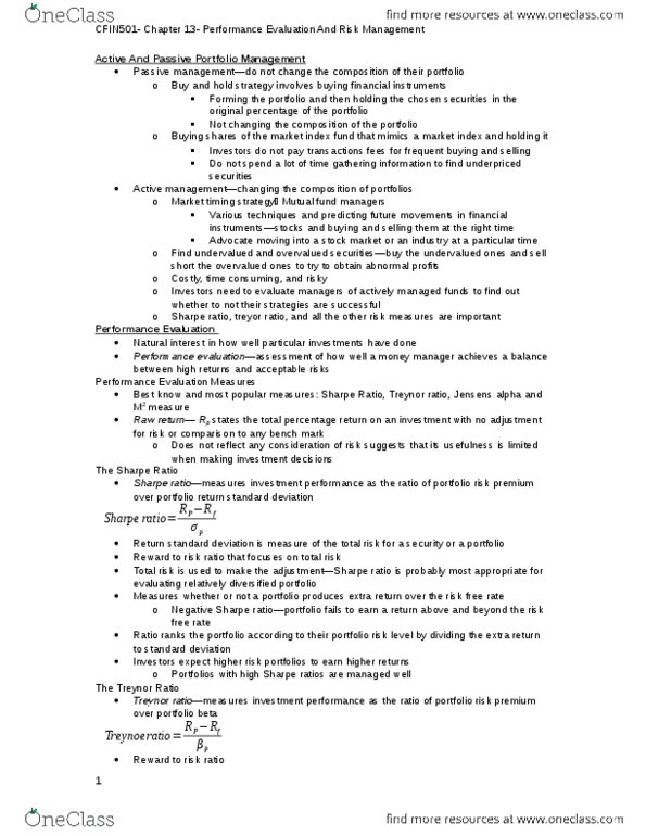 FIN 501 Chapter Notes - Chapter 13: Sharpe Ratio, Mutual Fund, Standard Deviation thumbnail