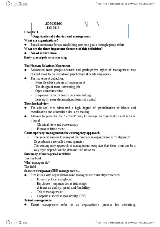 ADM 2336 Lecture Notes - Human Relations Movement, Telent, Reward System thumbnail