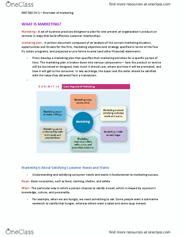 MKT 100 Chapter Notes - Chapter 1: Submarine Sandwich, Pro Forma, Voice Of The Customer thumbnail