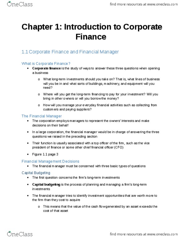 FIN 3715 Chapter Notes - Chapter 1: Capital Budgeting, Cash Flow, Financial Statement thumbnail