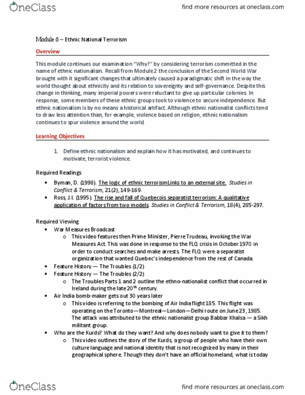 CRIM 413 Lecture Notes - Lecture 6: Babbar Khalsa, War Measures Act, Ethnic Nationalism thumbnail