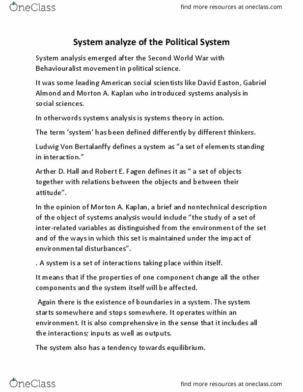 POLITICAL SCIENCE Chapter Notes - Chapter THE SYSTEM ANALYZE OF THE POLITICAL SYSTEM: Ludwig Von Bertalanffy, Gabriel Almond, David Easton thumbnail