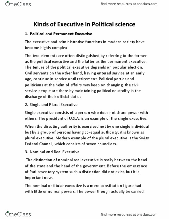 POLITICAL SCIENCE Chapter Notes - Chapter KINDS OF EXECUTIVES IN POLITICAL SCIENCE: Parliamentary System, Productive Forces, Presidential System thumbnail