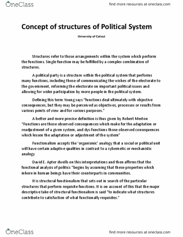 POLITICAL SCIENCE Chapter Notes - Chapter CONCEPT OF STRUCTURES OF POLITICAL SYSTEM: Structural Functionalism thumbnail