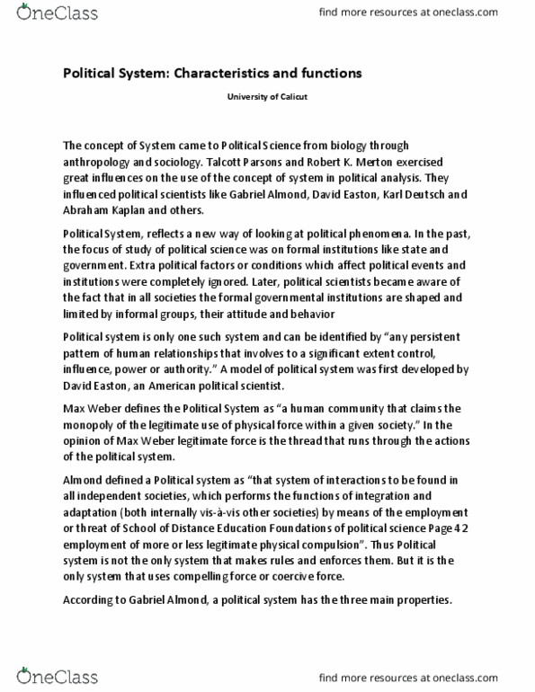 POLITICAL SCIENCE Chapter Notes - Chapter CHARACTERISTICS AND FUNCTIONS OF POLITICAL SYSTEM: Gabriel Almond, David Easton, Talcott Parsons thumbnail