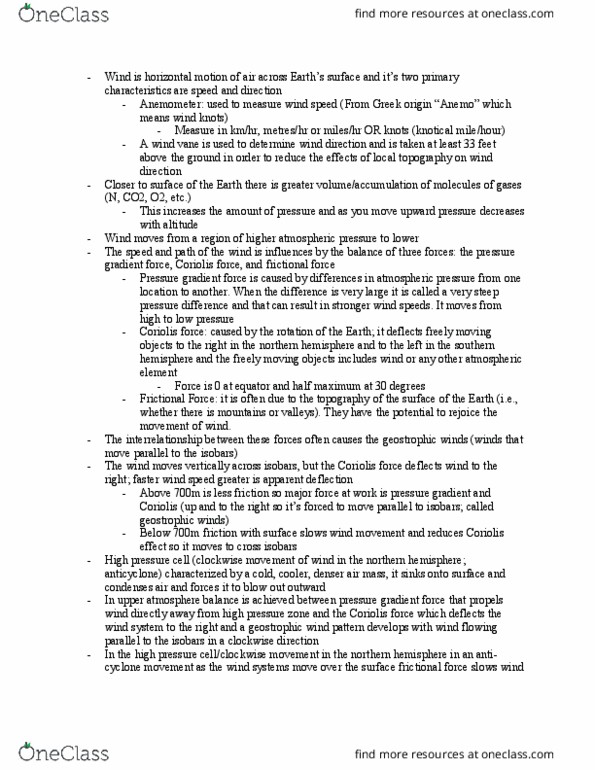 GEOG 2HI3 Lecture Notes - Lecture 1: Pressure-Gradient Force, Weather Vane, Coriolis Force thumbnail