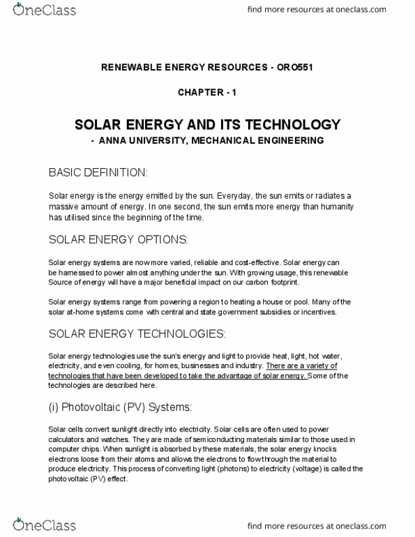 ORO551 Chapter Notes - Chapter Chapter-1: Solar Water Heating, Photovoltaic System, Solar Cell thumbnail