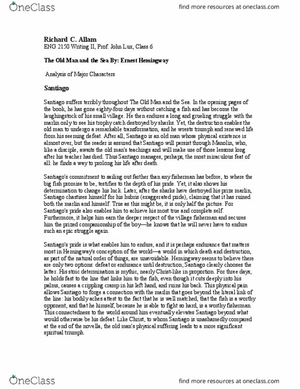 ENG 2150 Lecture Notes - Lecture 6: Ernest Hemingway, Marlin, Hubris thumbnail