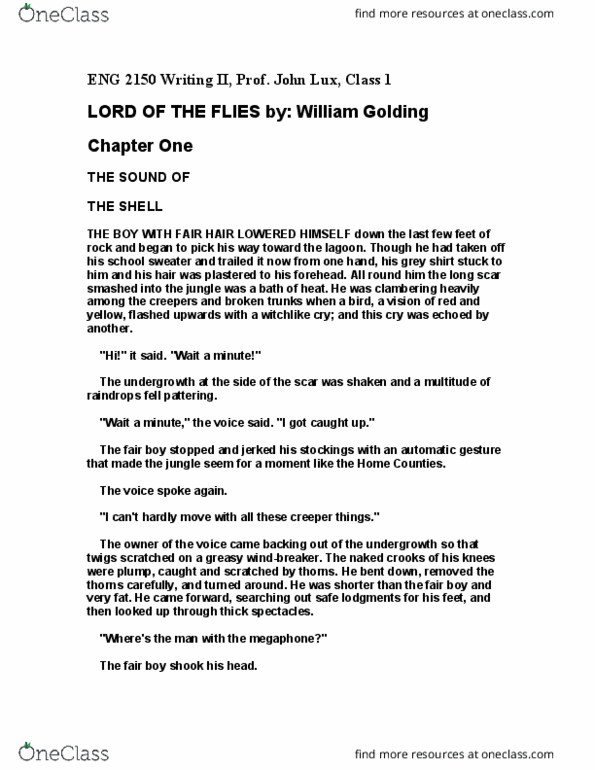 ENG 2150 Lecture Notes - Lecture 1: William Golding, Megaphone, Mirage thumbnail