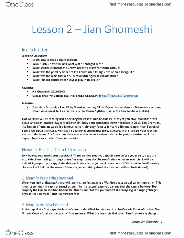 LY206 Lecture Notes - Lecture 2: Jian Ghomeshi, Marie Henein, Sexual Assault thumbnail