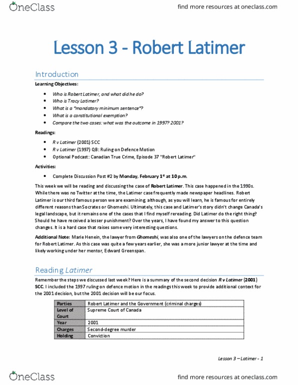 LY206 Lecture Notes - Lecture 3: Robert Latimer, Marie Henein, Mandatory Sentencing thumbnail