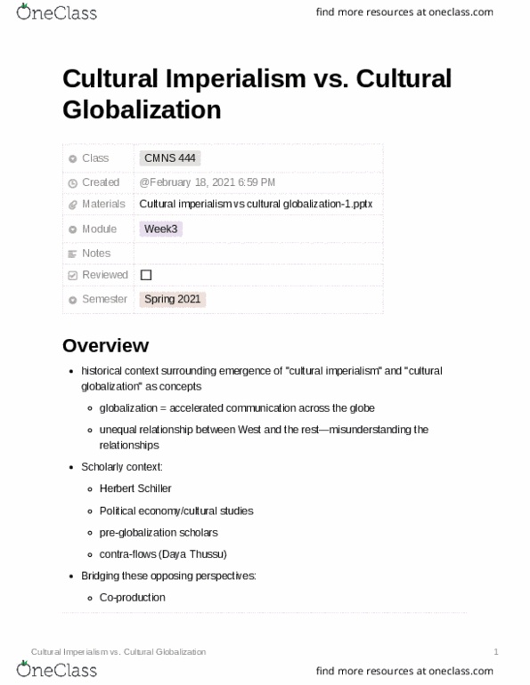 CMNS 444 Lecture Notes - Lecture 3: Herbert Schiller, Cultural Globalization, Cultural Imperialism thumbnail