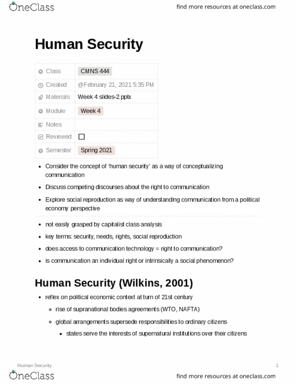 CMNS 444 Lecture Notes - Lecture 4: Human Security, Social Reproduction, North American Free Trade Agreement thumbnail