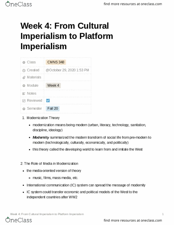 CMNS 348 Lecture Notes - Lecture 4: Cultural Imperialism, Modernization Theory, International Communication thumbnail