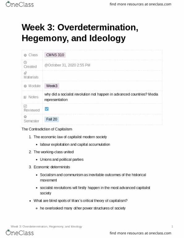 CMNS 310 Lecture Notes - Lecture 3: Overdetermination, Capital Accumulation, Dominant Culture thumbnail