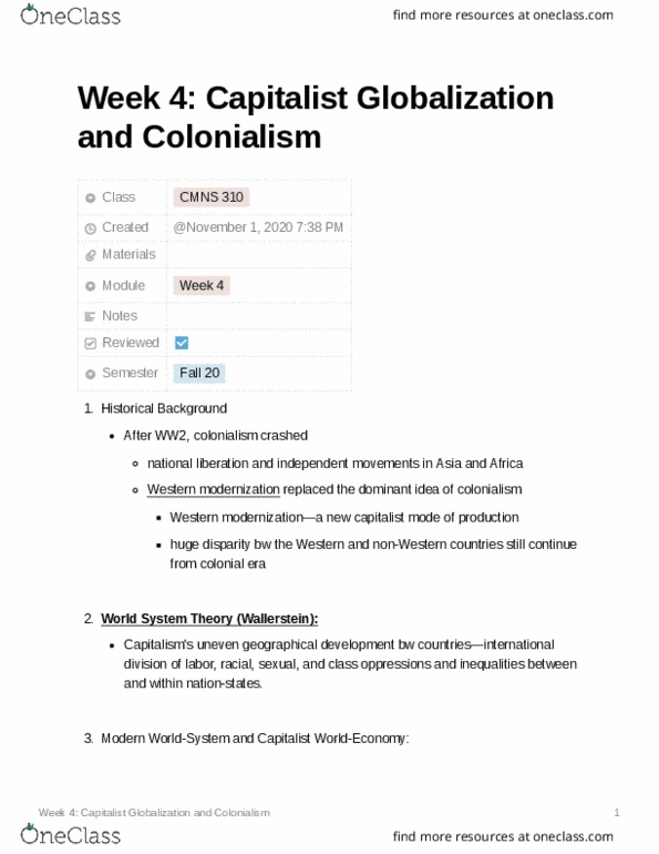 CMNS 310 Lecture Notes - Lecture 4: World-Systems Theory, International Inequality, Nationstates thumbnail