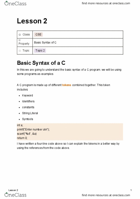 CS Chapter 2: Basic Syntax of a C programming Lesson 2 thumbnail