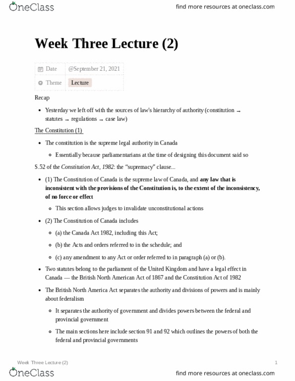 POLSCI 3CL3 Lecture Notes - Lecture 7: Canada Act 1982, Supremacy Clause, Constitution Week thumbnail