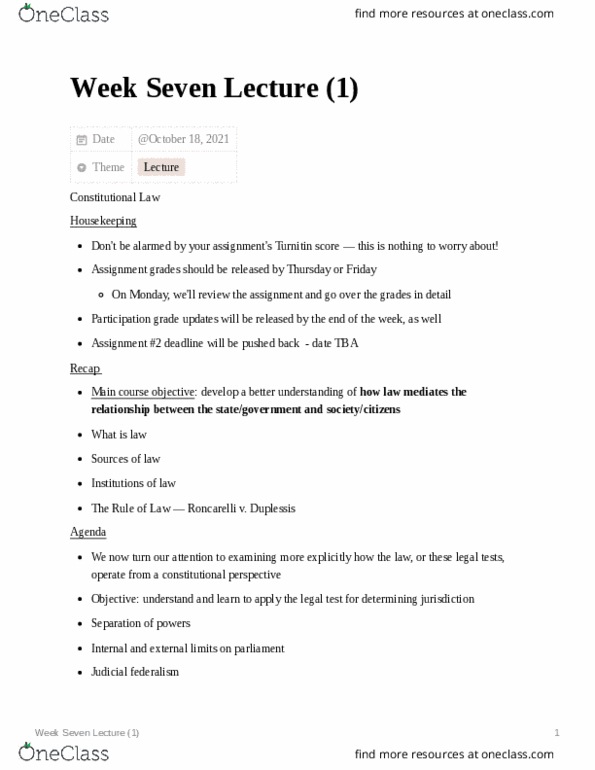 POLSCI 3CL3 Lecture Notes - Lecture 13: Legal Tests, Turnitin, Minority Government thumbnail