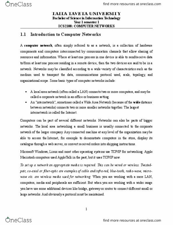 COMP1002 Lecture Notes - Lecture 4: Local Area Network, Wide Area Network, Computer Network thumbnail