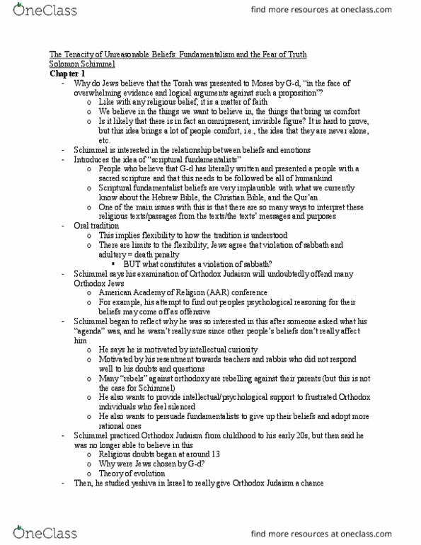 RELG 307 Chapter Notes -Orthodox Judaism thumbnail