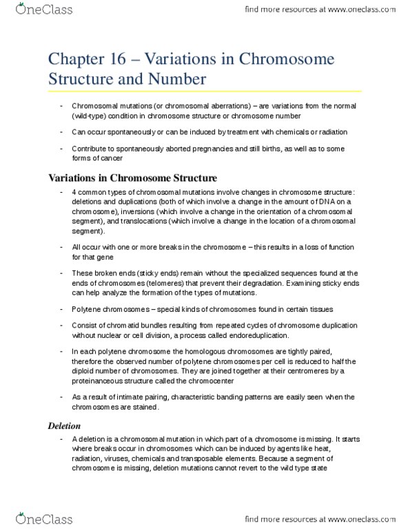 BIO207H5 Chapter Notes - Chapter 16: Chromosomal Inversion, Fragile X Syndrome, Telomere thumbnail