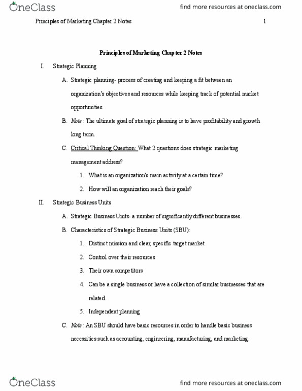 MKT 2300 Chapter Notes - Chapter 2: Strategic Planning, Market Analysis, Marketing Plan thumbnail
