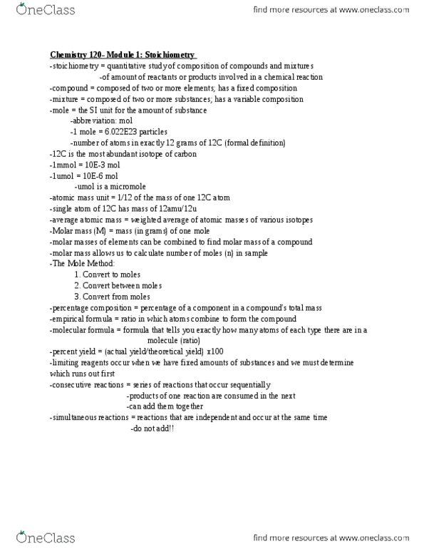 CHEM120 Lecture Notes - Weighted Arithmetic Mean, Unified Atomic Mass Unit, Molar Mass thumbnail