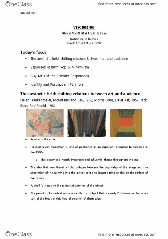 VISC-1001 Lecture Notes - Helen Frankenthaler, Jack Bush, Morris Louis thumbnail