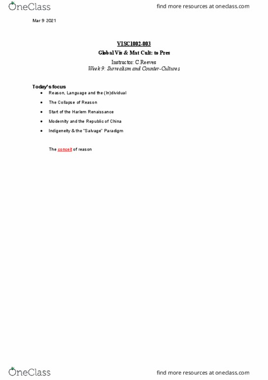 VISC-1001 Lecture Notes - Surrealism, Augusta Savage, Langston Hughes thumbnail