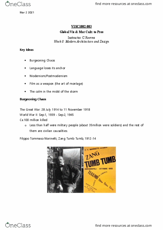 VISC-1001 Lecture Notes - Zang Tumb Tumb, Filippo Tommaso Marinetti, Sergei Eisenstein thumbnail