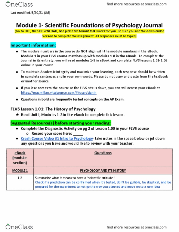FLVS AP PSYCHOLOGY Textbook Notes Winter 2022, Chapter Module 1