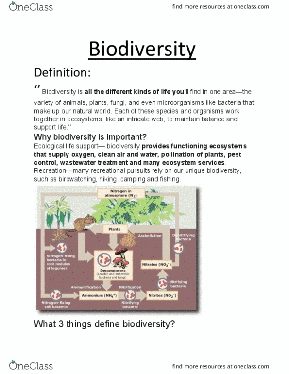 BIOLOGY Lecture Notes - Lecture 1: Birdwatching, Ecosystem Services, Ecosystem Diversity thumbnail
