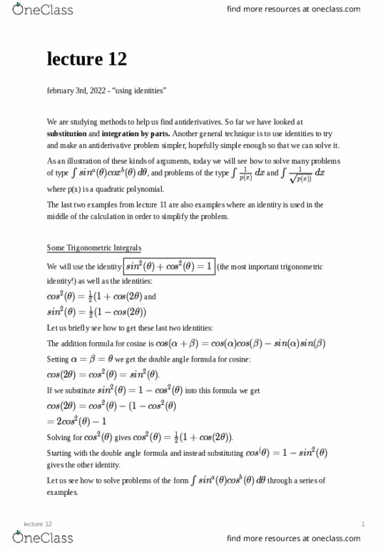 MATH 120 Lecture Notes - List Of Trigonometric Identities, Antiderivative, Formins thumbnail