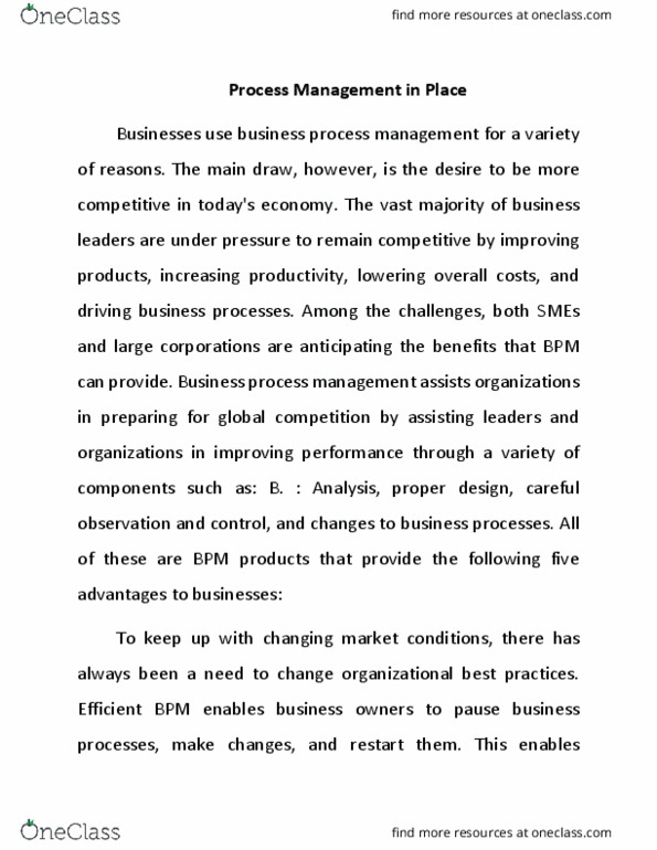 BUSINESS MANAGEMENT Lecture Notes - Lecture 1: Business Process, Workforce Productivity, Business Process Automation thumbnail