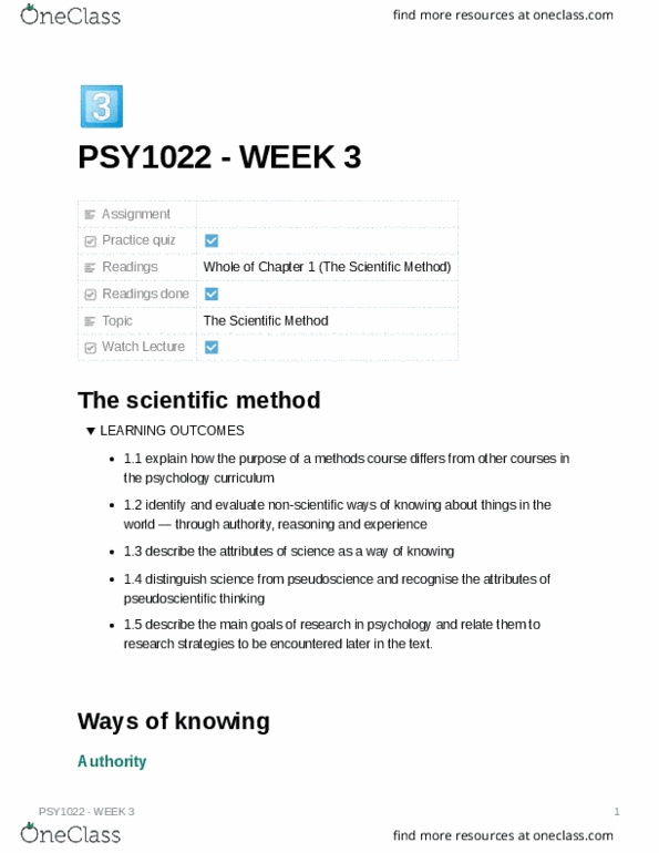 PSY1022 Lecture Notes - Lecture 3: Scientific Method, Pseudoscience, Empiricism thumbnail